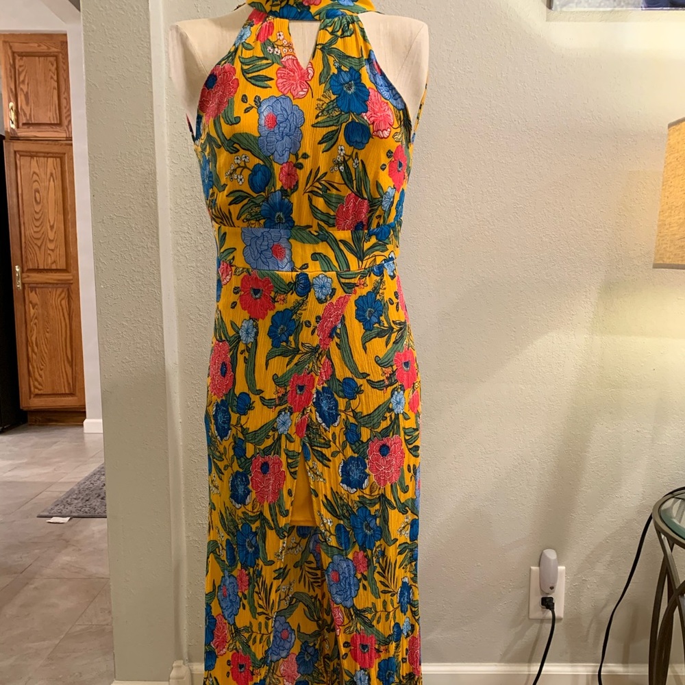Mustard Floral Print Maxi Dress with Halter Neck